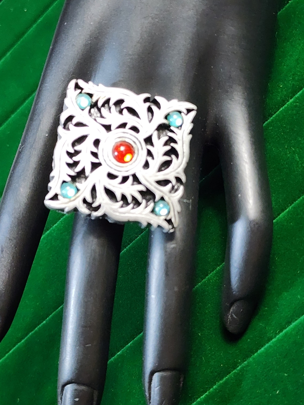 1980s Artisan Multi Stone Ring Red Turquoise Cabochon Silver Tone Adjustable - Picture 2 of 6